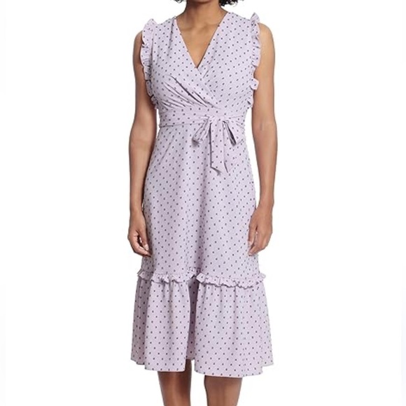 London Times chiffon bow midi dress lavender swiss dot belted size 4 NWT - Picture 1 of 8